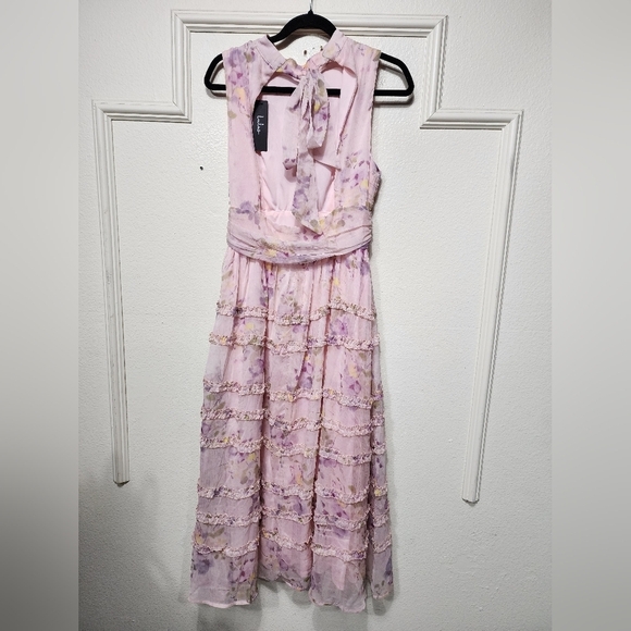 Lulus Happily Sweet Light Pink Floral Mock Neck Backless Midi Dress M Wedding - Picture 9 of 10